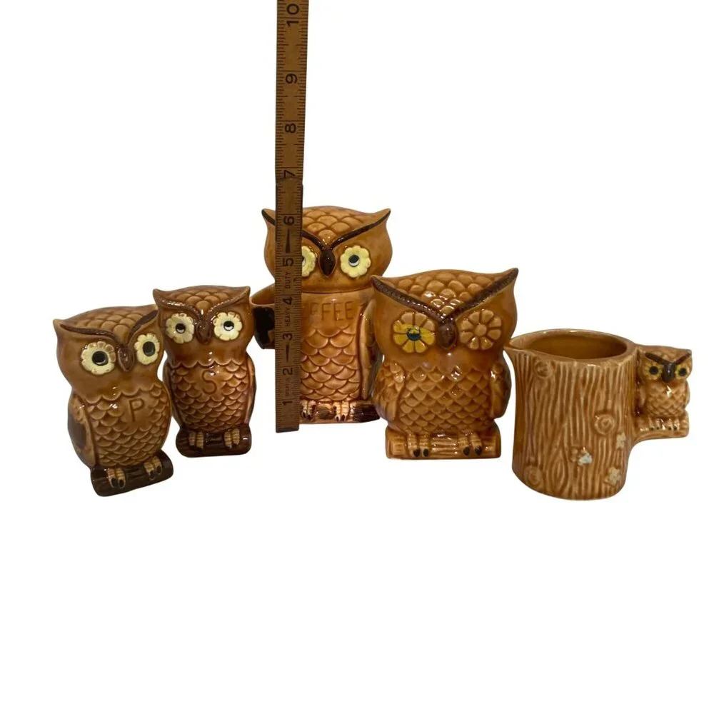 Vintage Owl Kitchen Set - Coffee Canister Creamer Salt & Pepper Napkin Holder